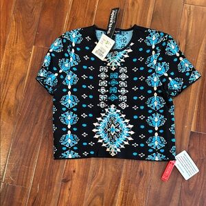 Nanette Lepore Black Crop Top with Turquoise & White Medallion Print